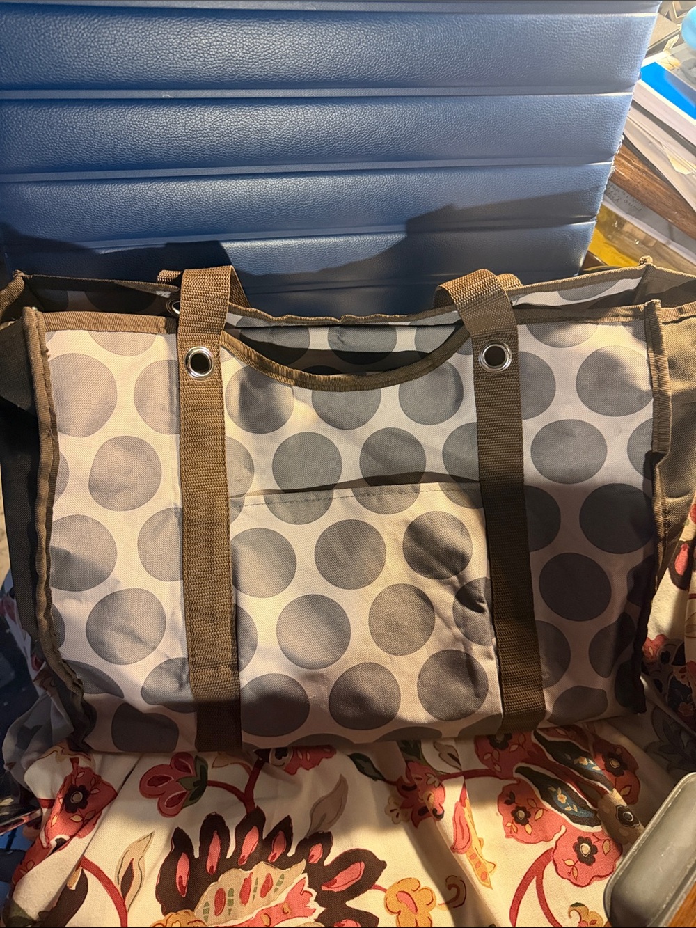 thirty-one Gray Polka Dot Tote with Brown Straps